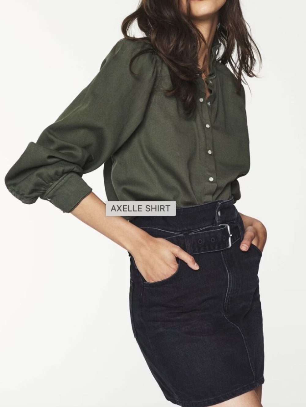 ba&sh Axelle olive Ruffle-Neck button front shirt - Picture 3 of 15